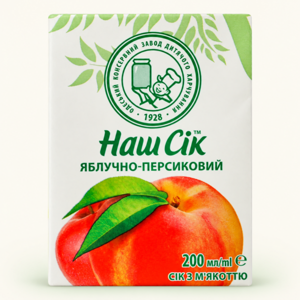 מיץ תפוחים-אפרסקים עם ציפה «Наш Сік», ‏200 מ״ל