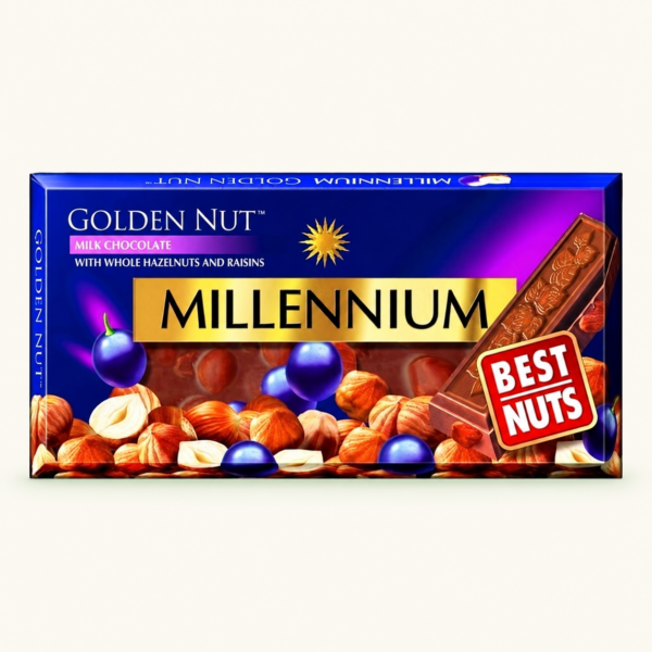 שוקולד חלב Millennium Golden Nut עם אגוזי לוז וצימוקים, ‏100 גרם