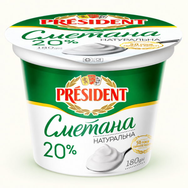 שמנת חמוצה טבעית PRESIDENT 20%, ‏180 גרם