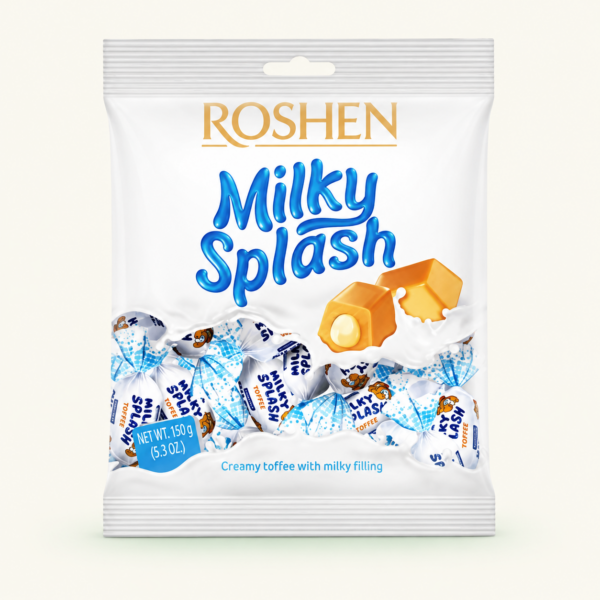 סוכריות טופי Roshen Milky Splash במילוי חלבי, ‏150 גרם