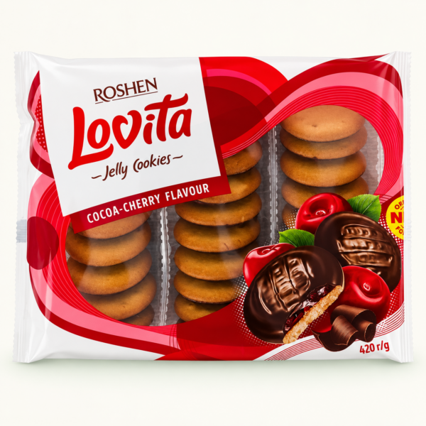 עוגיות Roshen Lovita במילוי ג׳לי בטעם קקאו ודובדבן, ‏420 גרם