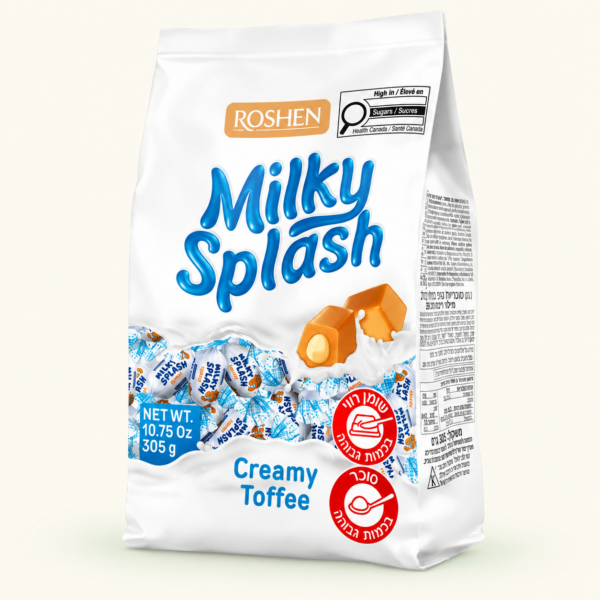 סוכריות טופי Roshen Milky Splash במילוי קרם חלב, ‏305 גרם